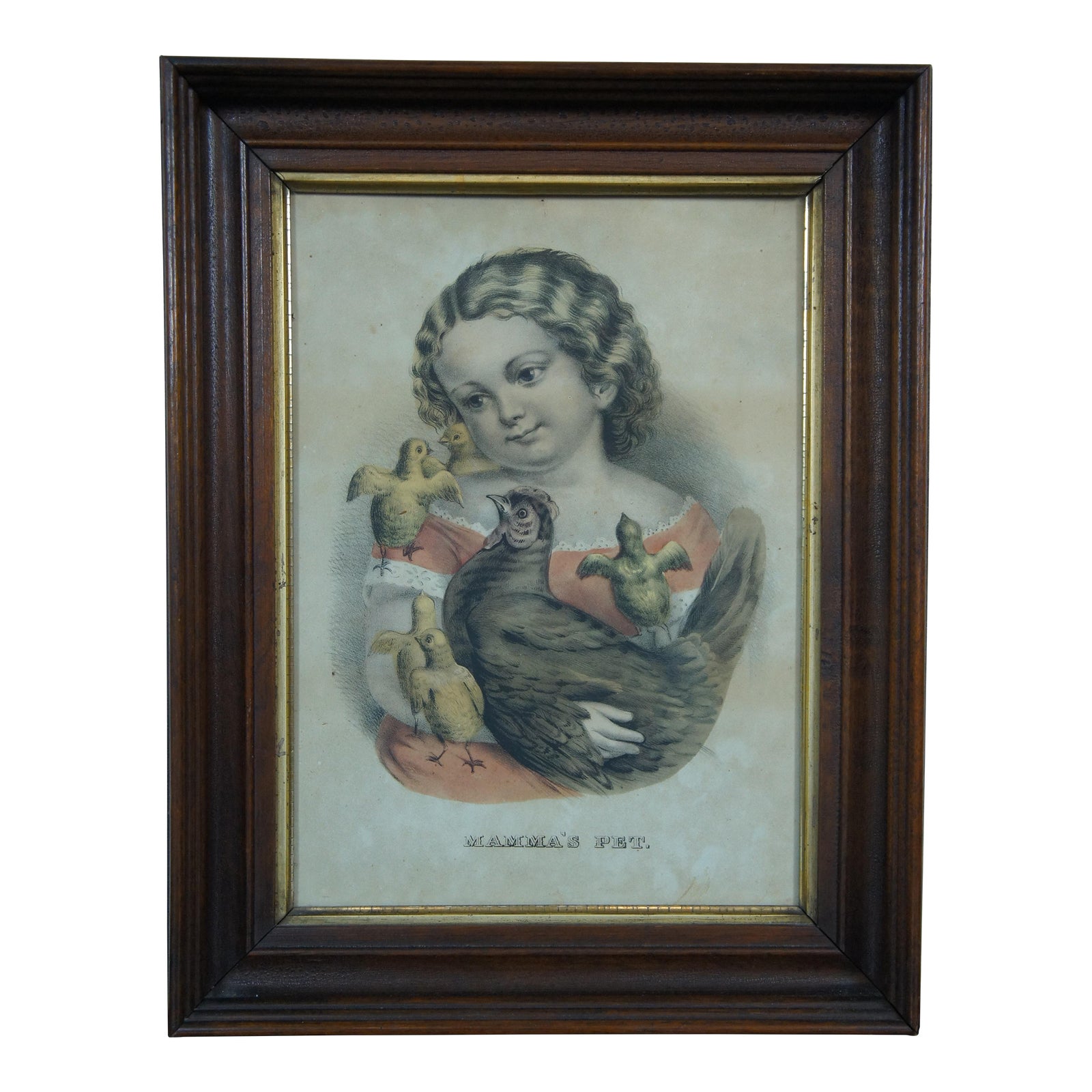 1878 Antique Framed Currier & Ives Mama’s Pet Colored Lithograph Print