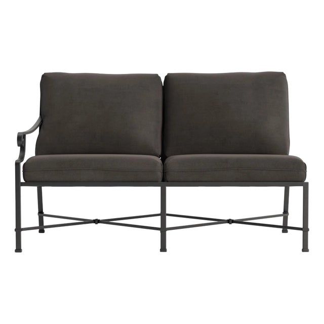 Brown Jordan Venetian Left Arm Loveseat, Textured Pewter frame with Fusion Charcoal fabric For Sale