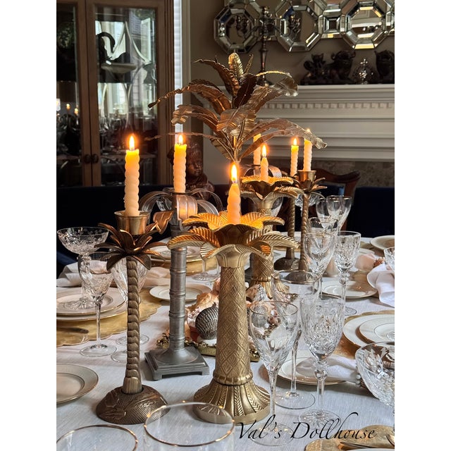 Made in India British Colonial Solid Brass Palm Tree Candle Holders - A Pair For Sale - Image 11 of 12