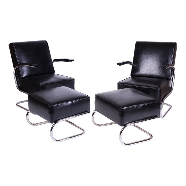 Art Deco Seating Set in Chromed Steel and Genuine Leather by Willem Hendrik Gispen for Mücke Melder, Czech, 1930s, Set of 4 For Sale