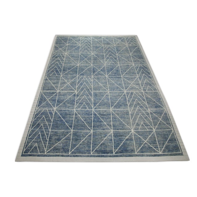 21st Century Modern Moroccan Style Wool Rug in Blue Design 10'3" X 14'9" For Sale In Houston - Image 6 of 8