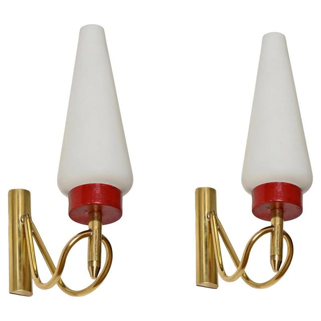 Sconces in Brass, Opal Glass and Red Metal attributed to Oscar Torlasco, Italy, 1950s, Set of 2 For Sale - Image 14 of 14