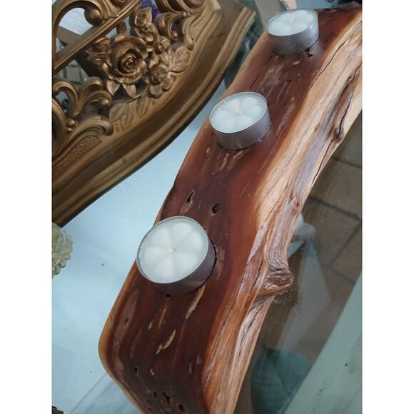 Olive Tree Wood Candle Holder 14" Tabletop Carved Rustic Natural Distressed For Sale - Image 11 of 14
