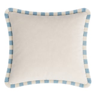 Bicolor White Velvet Cushion with Light Blue and White Fringes by Lo Decor For Sale