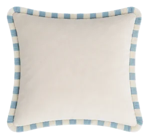 Bicolor White Velvet Cushion with Light Blue and White Fringes by Lo Decor