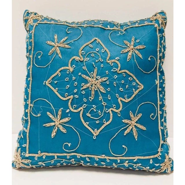 Turquoise Blue Pillow Embellished With Sequins and Beads For Sale - Image 4 of 12