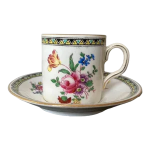 English Porcelain Coffee Espresso Tea Cup and Saucer With Floral Botanical and Geometric Design by Chelson Selby