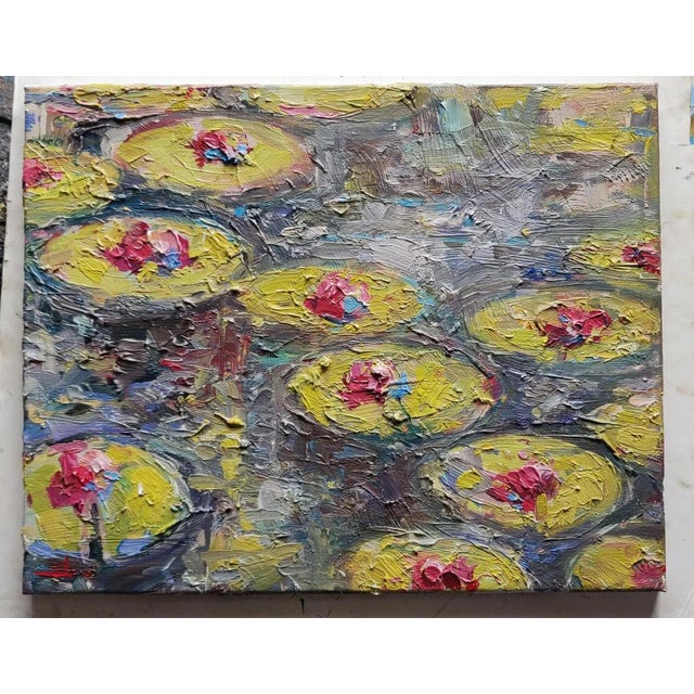 An impressionist oil painting of waterlilies, by Vivek Mandalia. Frame and hang in your home. 40 x 50 cm 16 x 20 Inches