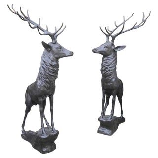 20th Century Life-Sized Bronze Stags on Rocks, Set of 2 For Sale