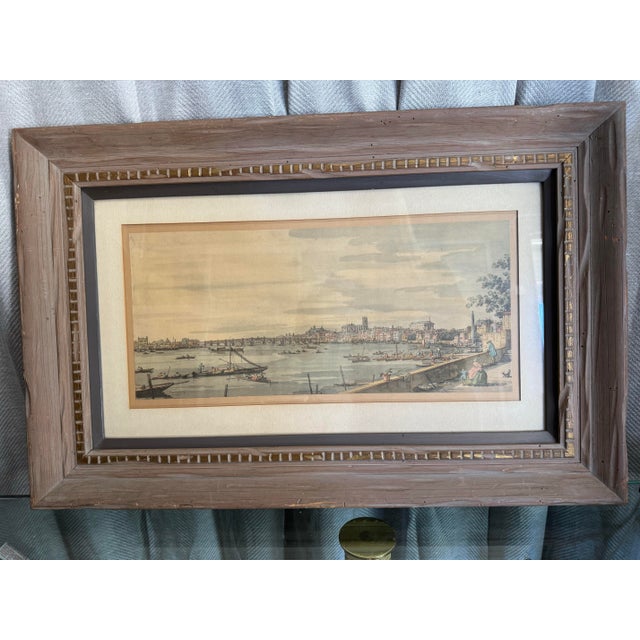 Gorgeous antique 19th century hand colored original landscape print of Thames river London. Frame is light gray distressed...