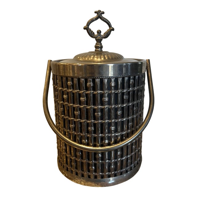 Mid Century Modern Hollywood Regency Silver Plate Faux Bamboo Ice Bucket with Handle For Sale