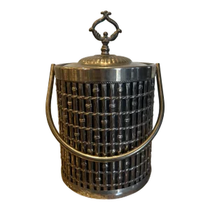 Mid Century Modern Hollywood Regency Silver Plate Faux Bamboo Ice Bucket with Handle