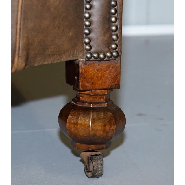 Brown Edwardian Walnut Brown Leather Three-Piece Sofa, Armchairs Suite Tartan Cushions, Set of 3 For Sale - Image 8 of 18