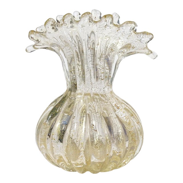 Murano Vintage Clear Gold Flecks Bibbles Italian Art Glass Fan Shaped Scissor Cut Rim Flower Vase For Sale
