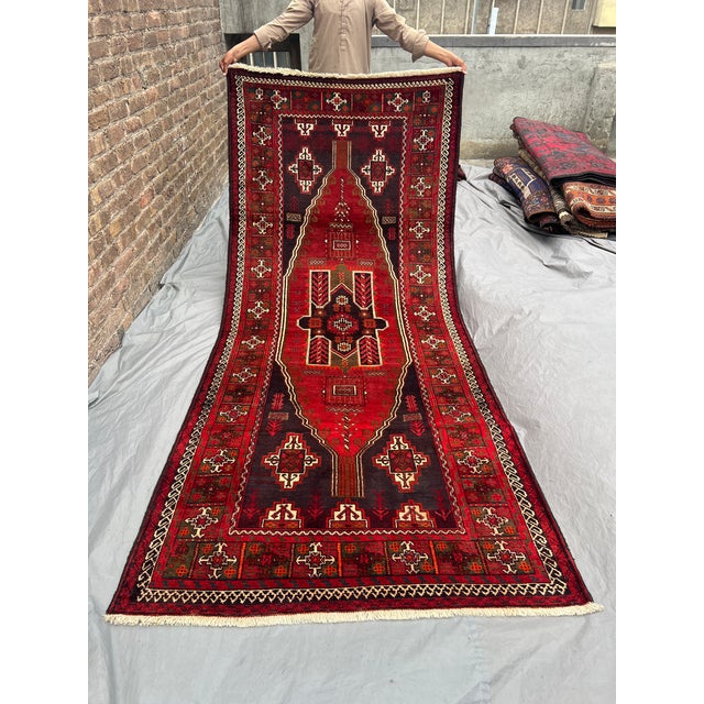 Vintage Afghan Baluchi Hand-Knotted Wool Runner | Deep Red & Brown Tribal Medallion Rug For Sale - Image 10 of 11
