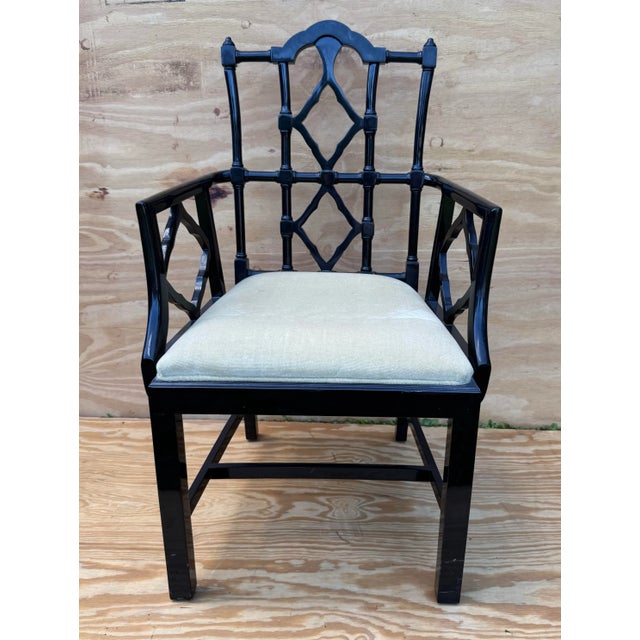 Hollywood Regency Black Lacquer Chinese Chippendale Pagoda Arm Chair For Sale - Image 3 of 10