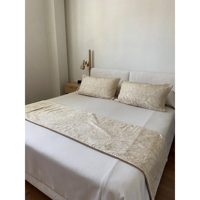Two Cream and Taupe Jab Damask Fabric King Shams With Matching Bed Scarf For Sale - Image 12 of 12