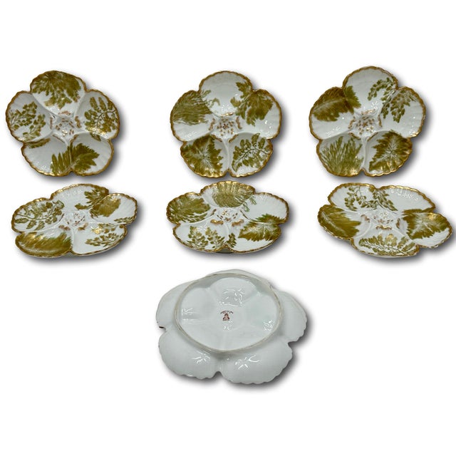 Beautiful & Fine Quality 22k Gold & Ferns Decorated Antique French Limoges Porcelain Oyster Plates Set of 7 For Sale - Image 9 of 18