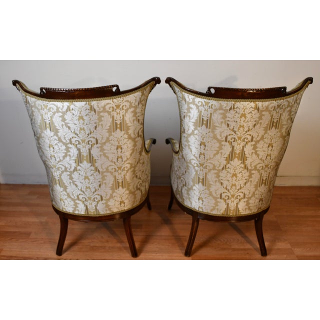 1930 Pair French Carved Mahogany High-Back Living Room Chairs / Spring-Seat For Sale - Image 16 of 18