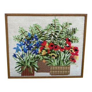 Midcentury Floral Potted Plants Needlepoint Wall Art For Sale
