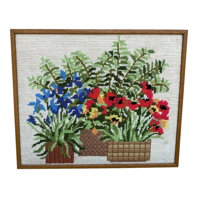 Midcentury Floral Potted Plants Needlepoint Wall Art For Sale