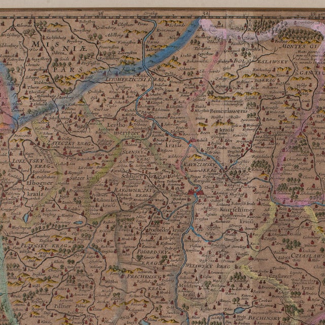 Glass Antique Map of Bohemia, Dutch, Framed Cartography, Johannes Janssonius, c.1630 For Sale - Image 7 of 11