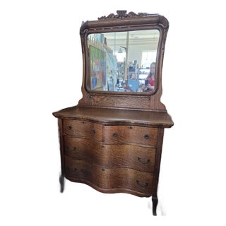 Antique 1890s Serpentine Tiger Oak Dresser With Mirror For Sale