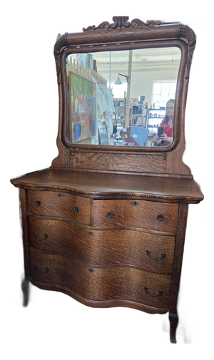 Antique 1890s Serpentine Tiger Oak Dresser With Mirror