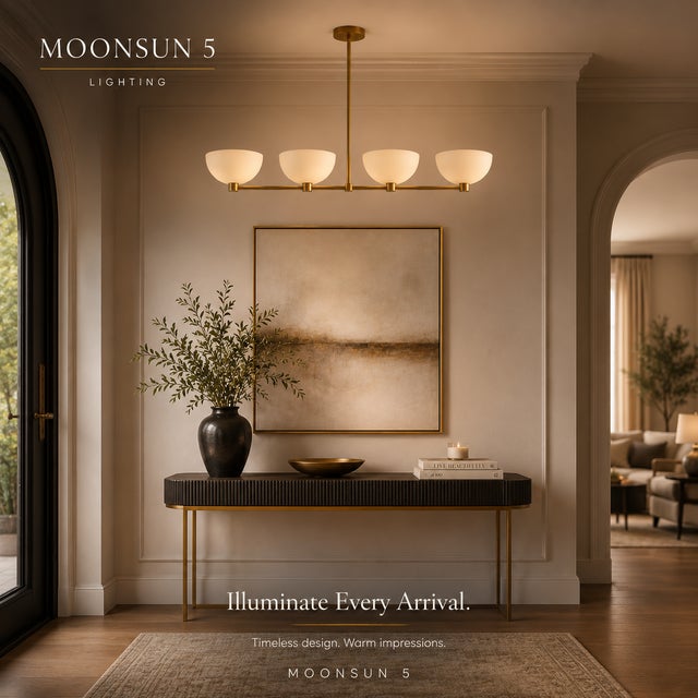 Modern Linear Chandelier 4 Light, Matte Off White Dome Pendant Light Brass Dining Room Fixture, Kitchen Island Lighting, Minimalist Light For Sale - Image 13 of 13