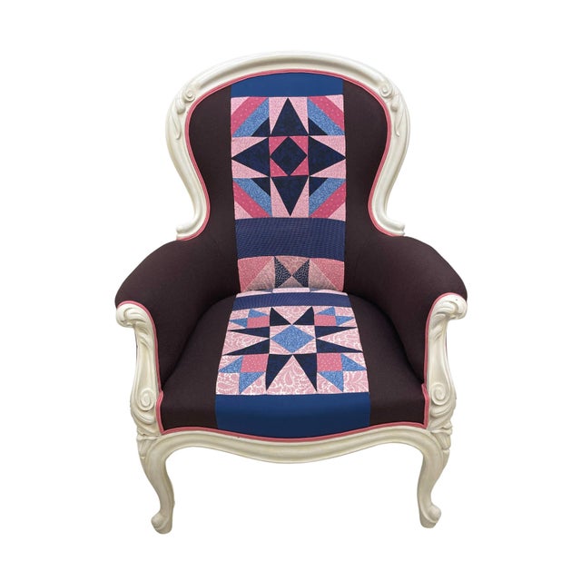 Custom designed Victorian Club Chair painted in antiqued white finish with chocolate brown felt upholstery and pink/blue...