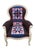 Custom designed Victorian Club Chair painted in antiqued white finish with chocolate brown felt upholstery and pink/blue...