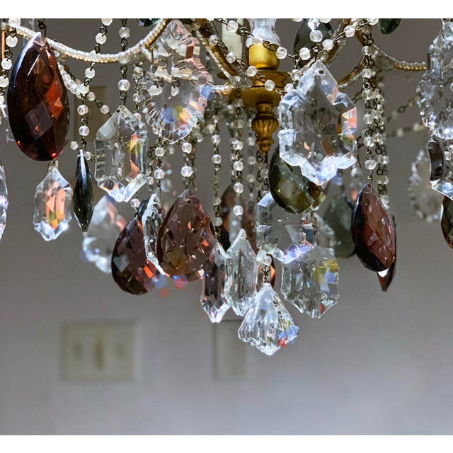 French neoclassical Louis XV manner, cage-form, 5-light bronze, with elaborate beaded swags, faceted amethyst and crystal...