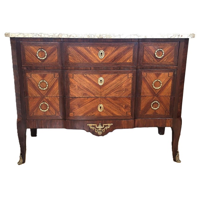 19th C French Louis XV Inlaid & Bronze Mounted Sienna Marble Top Commode Chest For Sale - Image 10 of 16