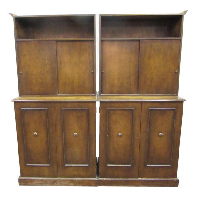 Mid 20th Century Pair of Traditional Two Section Wooden Storage Cabinets For Sale