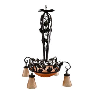 Early 20th Century Art Deco Forged Iron and Glass Chandelier, Muller Freres Attributed For Sale
