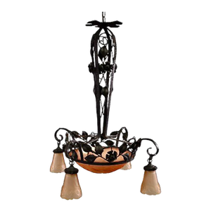 Early 20th Century Art Deco Forged Iron and Glass Chandelier, Muller Freres Attributed