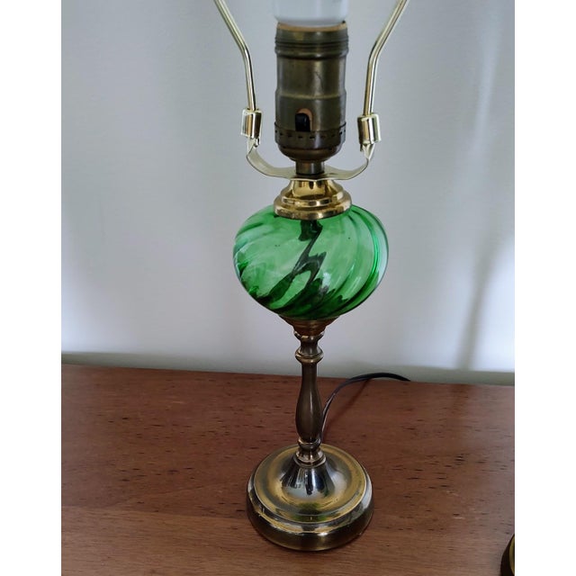 Metal Pair of Vintage Green Globe Lamps With William Morris Shades For Sale - Image 7 of 10