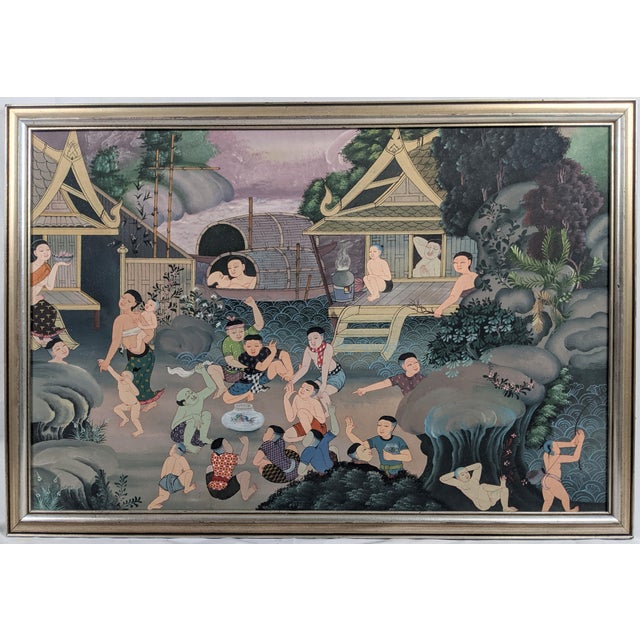 Green Late 20th Century Southeast Asian Folk Art Village & Riverside Narrative Painting on Canvas For Sale - Image 8 of 12