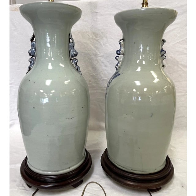 Vintage Hand Painted Celadon Vases Converted to Lamps- a Pair For Sale In West Palm - Image 6 of 13