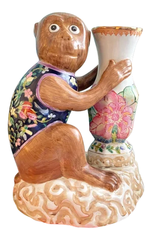 Late 20th Century Chinoiserie Ceramic Monkey With Tobacco Leaf Vase