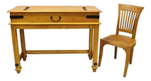 Vintage Colonial Campaign Style Teak Wood Flip Top Writing Desk With Side Chair