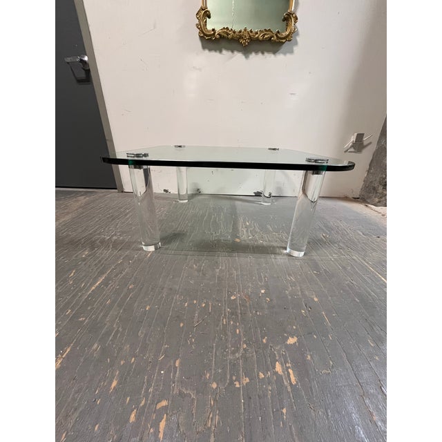 Mid-Century Modern Vintage Pace Collection Glass Coffee Table Lucite Legs Chrome Caps For Sale - Image 3 of 12