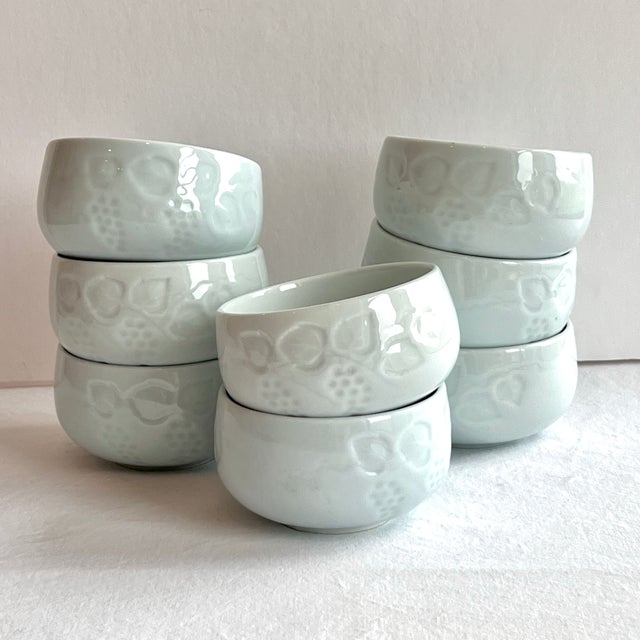 Ceramic 2000s Chinese Celadon Porcelain Engraved Raised Relief Grapes/Leaves Motif Rice/Soup Bowls- Set of 8 For Sale - Image 7 of 7