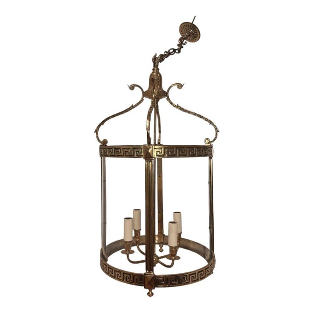 Vintage Versace Style Gilt Brass Greek Key Lantern Chandelier. Features 4 lites and curved glass around the fixture.