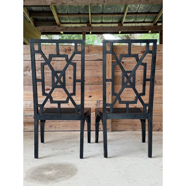 Chinoiserie Pair of Guildmaster Black Chinoiserie Cane Dining Side Chairs For Sale - Image 3 of 12