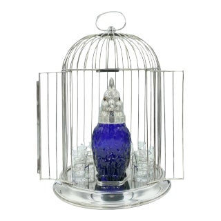 Vintage Cobalt Blue Glass Parrot Cocktail Set With Birdcage Holder & Glasses For Sale