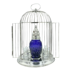 Vintage Cobalt Blue Glass Parrot Cocktail Set With Birdcage Holder & Glasses