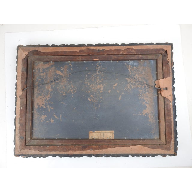 Wood Antique Ornate Picture Frame With Folk Art Landscape Painting For Sale - Image 7 of 7