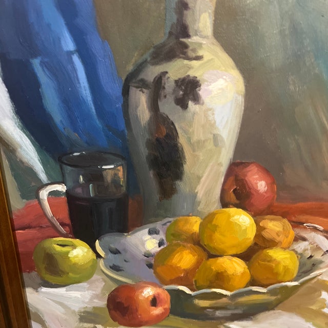 1980s 20th Century European School Impressionist Oil on Artist Board Tabletop Still Life Vase and Fruits Framed Signed For Sale - Image 5 of 9