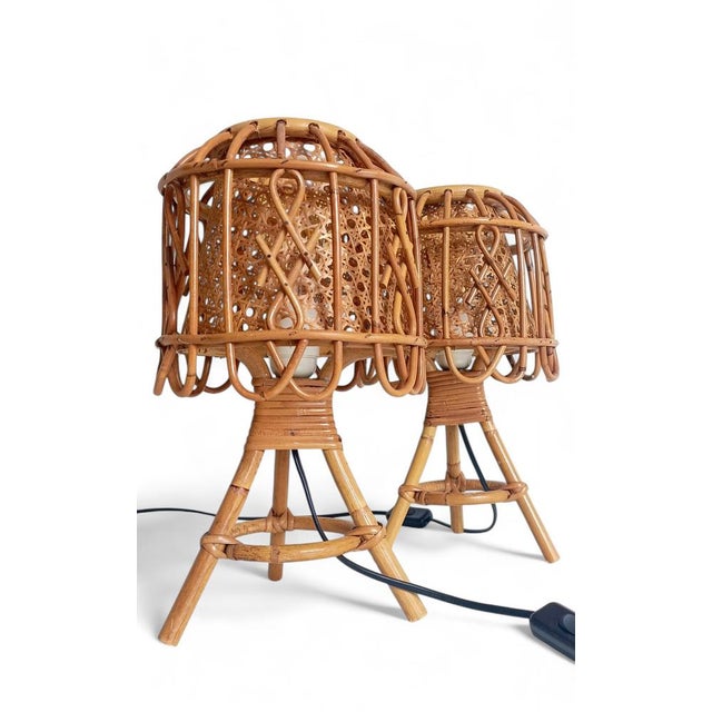 French Riviera Rattan and Cane Table Lamps by Franco Albini, 1960s, Set of 2 For Sale - Image 10 of 14
